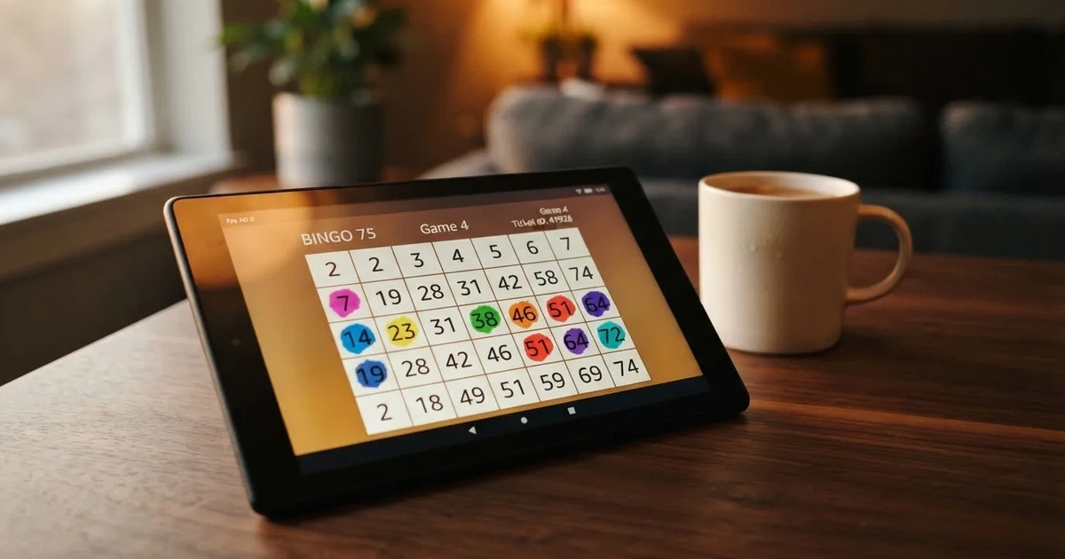 A bingo ticket grid with several numbers already daubed, shown on a tablet screen.